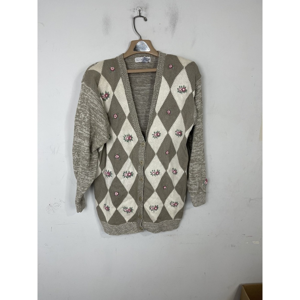 Chrysantheme Vintage Argyle Floral Embroidered Cardigan Sweater Tan Pink Large